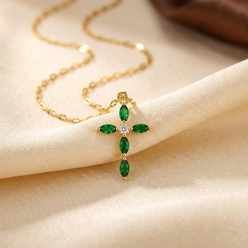 Emerald Marquise Cross Necklace